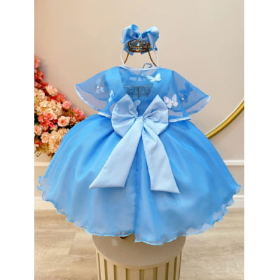 Vestido Infantil Azul Bebê Frozen Tule Com Echarpe Festa