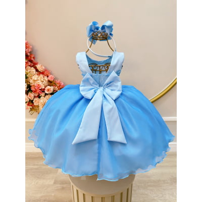 Vestido Infantil Azul Bebê Frozen Tule Com Echarpe Festa