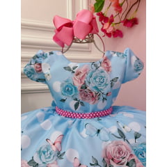 Vestido Infantil Jardim das Borboletas Azul Luxo Festas