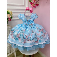 Vestido Infantil Jardim das Borboletas Azul Luxo Festas