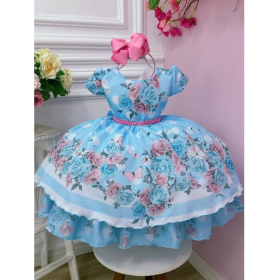Vestido Infantil Jardim das Borboletas Azul Luxo Festas