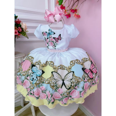 Vestido Infantil Jardim das Borboletas Encantado C/ Pérolas