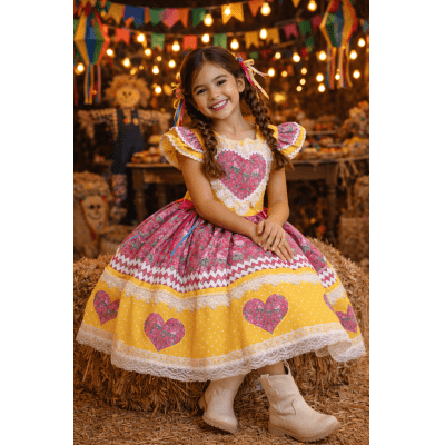 Vestido Infantil Junino Arraiá Amarelo Colorido Luxo Festas