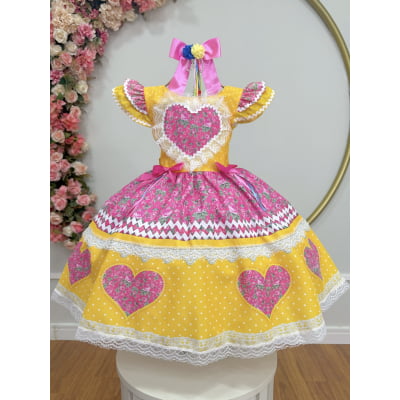 Vestido Infantil Junino Arraiá Amarelo Colorido Luxo Festas