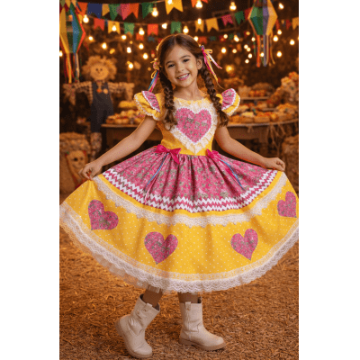 Vestido Infantil Junino Arraiá Amarelo Colorido Luxo Festas Vestido Infantil Junino Arraiá Amarelo Colorido Luxo Festas