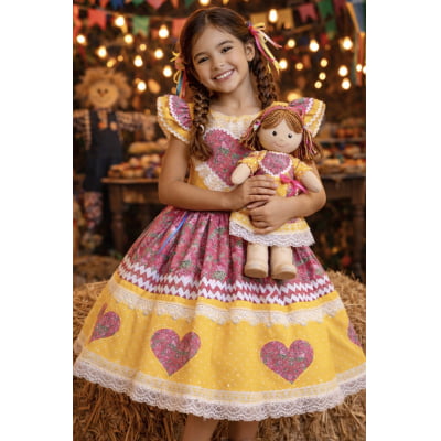 Vestido Infantil Junino Arraiá Amarelo Colorido Luxo Festas