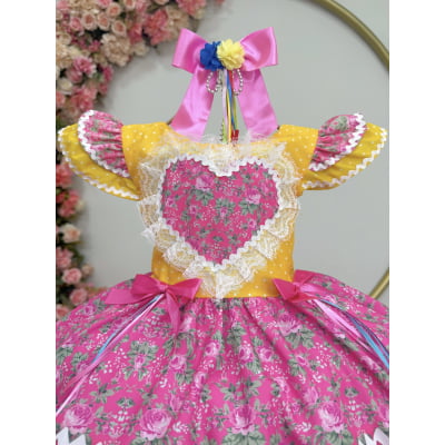 Vestido Infantil Junino Arraiá Amarelo Colorido Luxo Festas