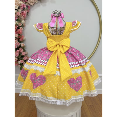 Vestido Infantil Junino Arraiá Amarelo Colorido Luxo Festas