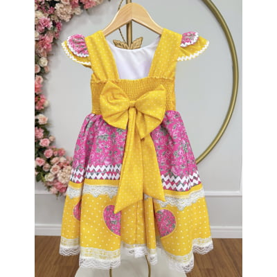 Vestido Infantil Junino Arraiá Amarelo Colorido Luxo Festas