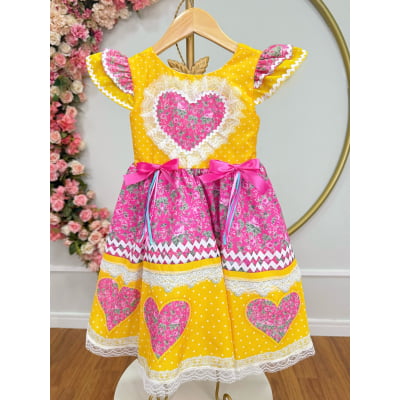 Vestido Infantil Junino Arraiá Amarelo Colorido Luxo Festas
