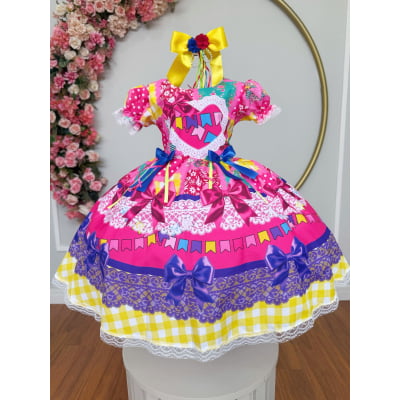 Vestido Infantil Junino Arraiá Caipira Rosa Xadrez Colorido