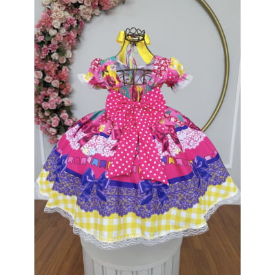 Vestido Infantil Junino Arraiá Caipira Rosa Xadrez Colorido