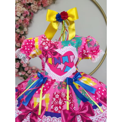 Vestido Infantil Junino Arraiá Caipira Rosa Xadrez Colorido