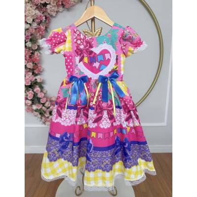 Vestido Infantil Junino Arraiá Caipira Rosa Xadrez Colorido