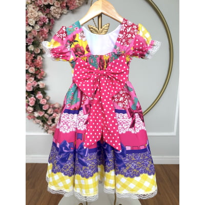 Vestido Infantil Junino Arraiá Caipira Rosa Xadrez Colorido