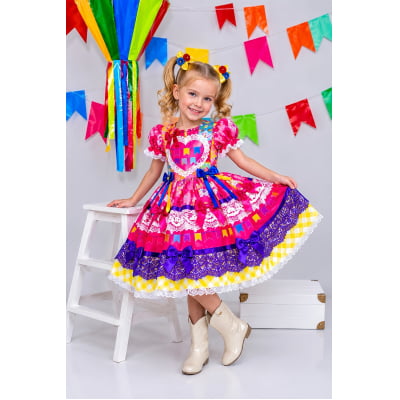 Vestido Infantil Junino Arraiá Caipira Rosa Xadrez Colorido Vestido Infantil Junino Arraiá Caipira Rosa Xadrez Colorido