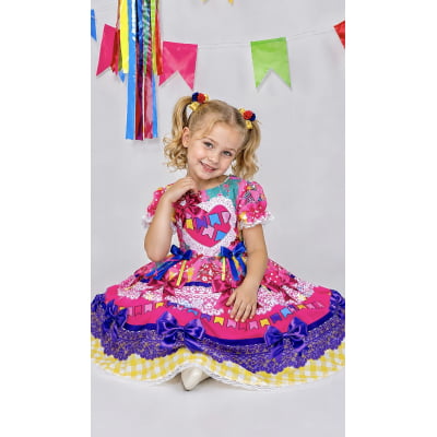 Vestido Infantil Junino Arraiá Caipira Rosa Xadrez Colorido
