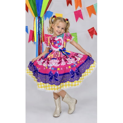 Vestido Infantil Junino Arraiá Caipira Rosa Xadrez Colorido