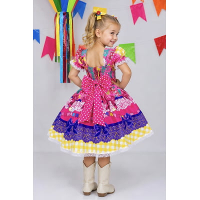 Vestido Infantil Junino Arraiá Caipira Rosa Xadrez Colorido