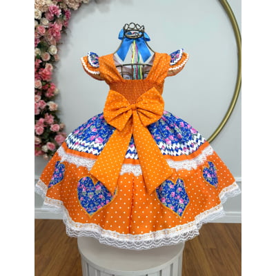 Vestido Infantil Junino Arraiá Laranja Colorido Luxo Festas
