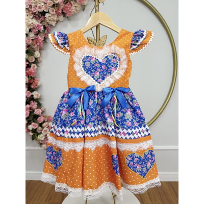 Vestido Infantil Junino Arraiá Laranja Colorido Luxo Festas
