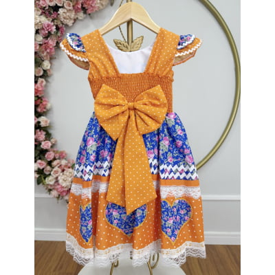 Vestido Infantil Junino Arraiá Laranja Colorido Luxo Festas