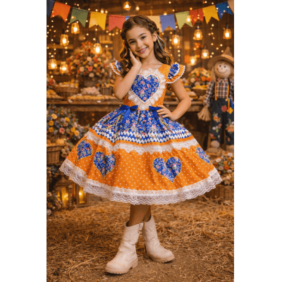 Vestido Infantil Junino Arraiá Laranja Colorido Luxo Festas Vestido Infantil Junino Arraiá Laranja Colorido Luxo Festas