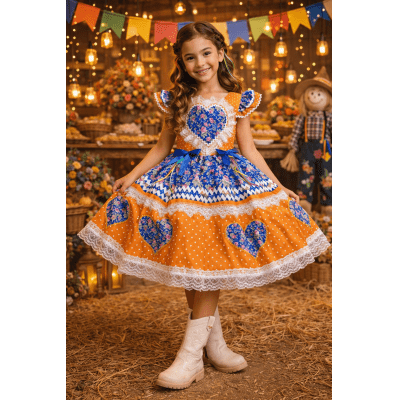Vestido Infantil Junino Arraiá Laranja Colorido Luxo Festas