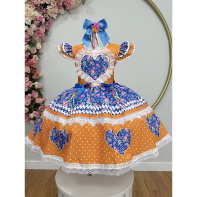 Vestido Infantil Junino Arraiá Laranja Colorido Luxo Festas