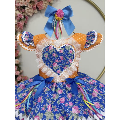 Vestido Infantil Junino Arraiá Laranja Colorido Luxo Festas