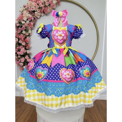 Vestido Infantil Junino Caipira Arraiá Lilás Colorido