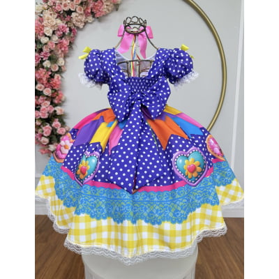 Vestido Infantil Junino Caipira Arraiá Lilás Colorido