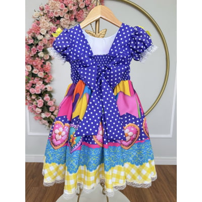 Vestido Infantil Junino Caipira Arraiá Lilás Colorido