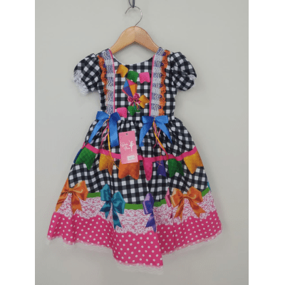 Vestido Infantil Junino Caipira Arraiá Preto Xadrez Colorido Vestido Infantil Junino Caipira Arraiá Preto Xadrez Colorido
