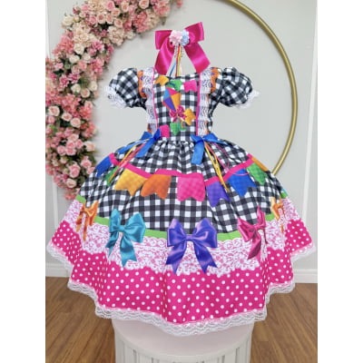 Vestido Infantil Junino Caipira Arraiá Preto Xadrez Colorido
