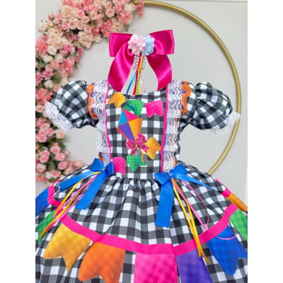 Vestido Infantil Junino Caipira Arraiá Preto Xadrez Colorido