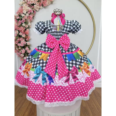 Vestido Infantil Junino Caipira Arraiá Preto Xadrez Colorido