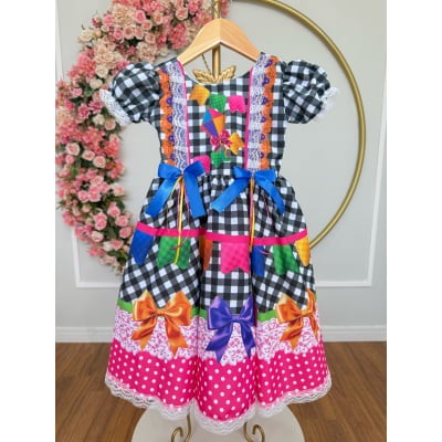 Vestido Infantil Junino Caipira Arraiá Preto Xadrez Colorido