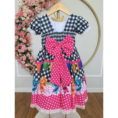 Vestido Infantil Junino Caipira Arraiá Preto Xadrez Colorido
