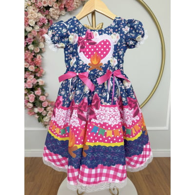 Vestido Infantil Junino Caipira Azul Marinho Colorido Florido