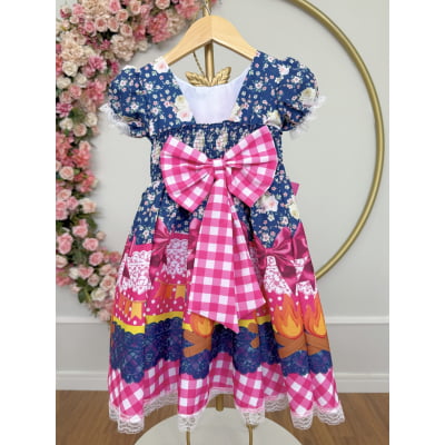 Vestido Infantil Junino Caipira Azul Marinho Colorido Florido