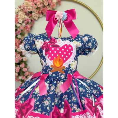 Vestido Infantil Junino Caipira Azul Marinho Colorido Florido