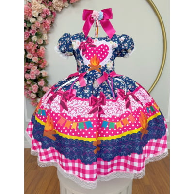 Vestido Infantil Junino Caipira Azul Marinho Colorido Florido