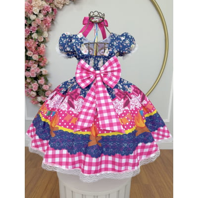 Vestido Infantil Junino Caipira Azul Marinho Colorido Florido