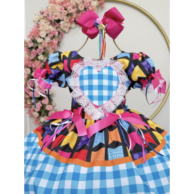 Vestido Infantil Junino Caipira Azul Xadrez Colorido Luxo