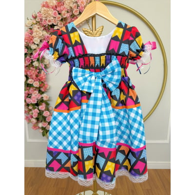 Vestido Infantil Junino Caipira Azul Xadrez Colorido Luxo