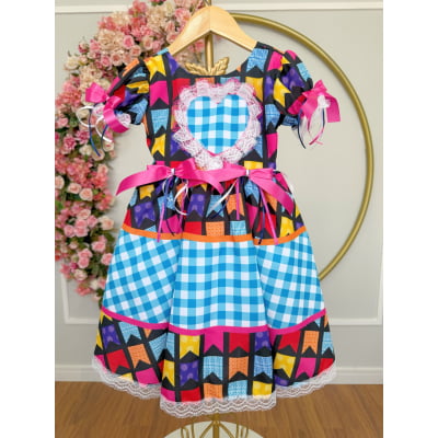 Vestido Infantil Junino Caipira Azul Xadrez Colorido Luxo