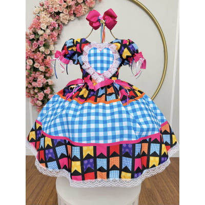 Vestido Infantil Junino Caipira Azul Xadrez Colorido Luxo