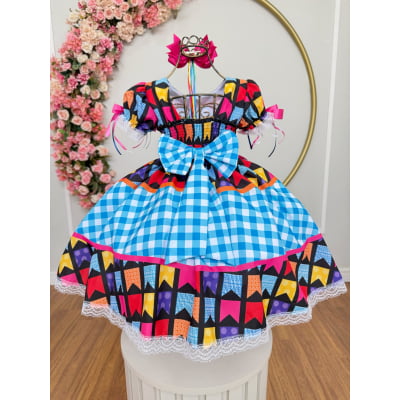 Vestido Infantil Junino Caipira Azul Xadrez Colorido Luxo