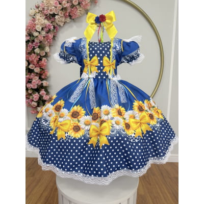 Vestido Infantil Junino Caipira Festas Azul Colorido Florido